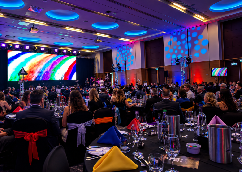 Professional AV hire setup in London featuring LED screens, stage lighting, sound systems, and conference event production equipment.