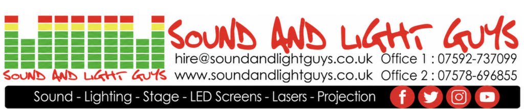 Sound And Light Guys logo banner promoting sound hire, stage lighting, LED screen rental, projection, and event production services.