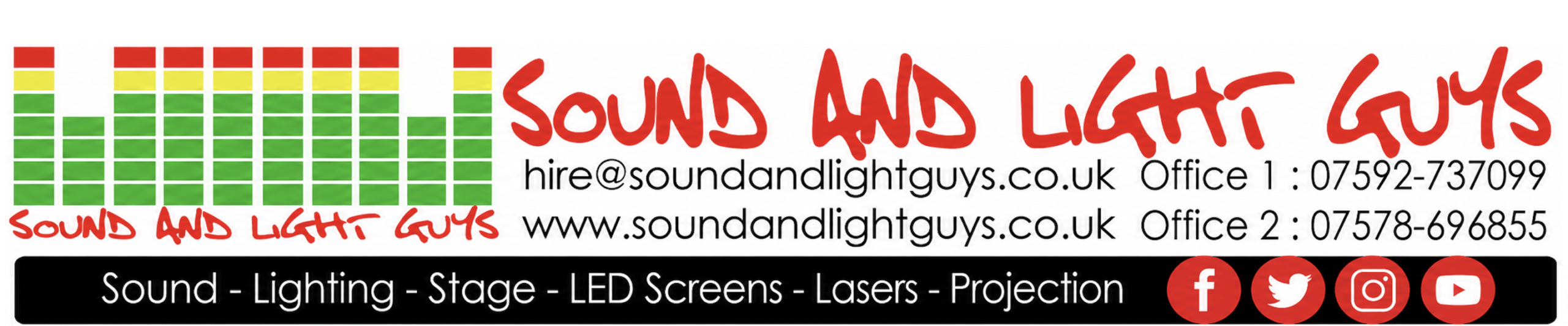 Sound And Light Guys logo banner promoting sound hire, stage lighting, LED screen rental, projection, and event production services.