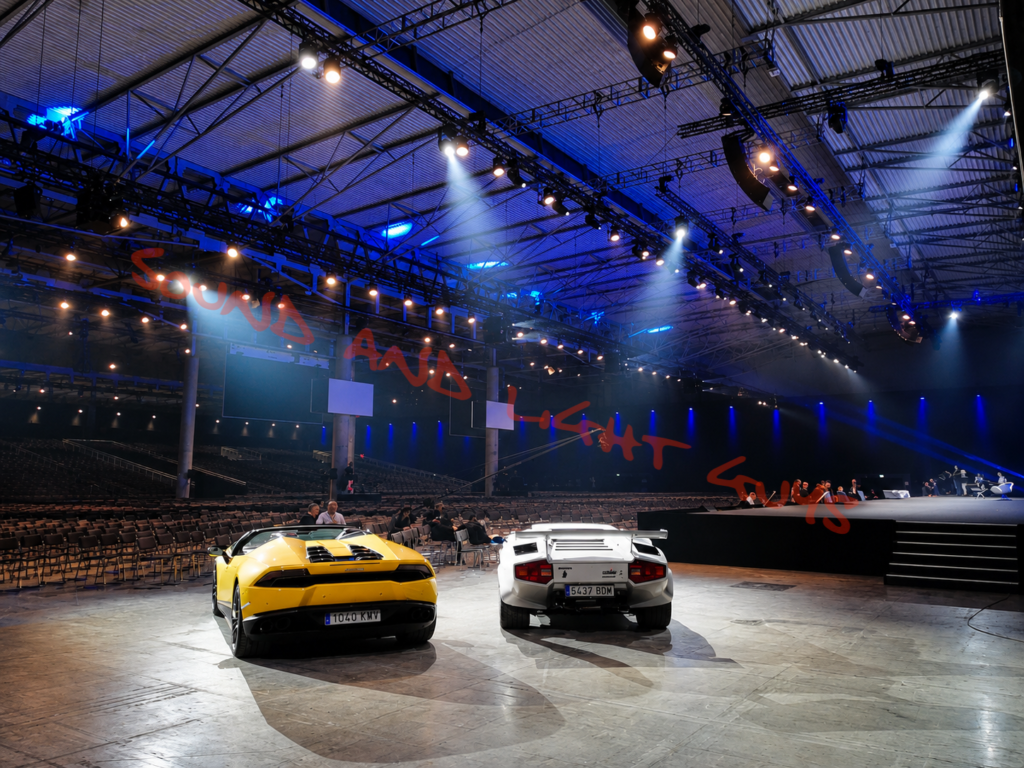 Professional production audio visual setup for a large corporate conference stage